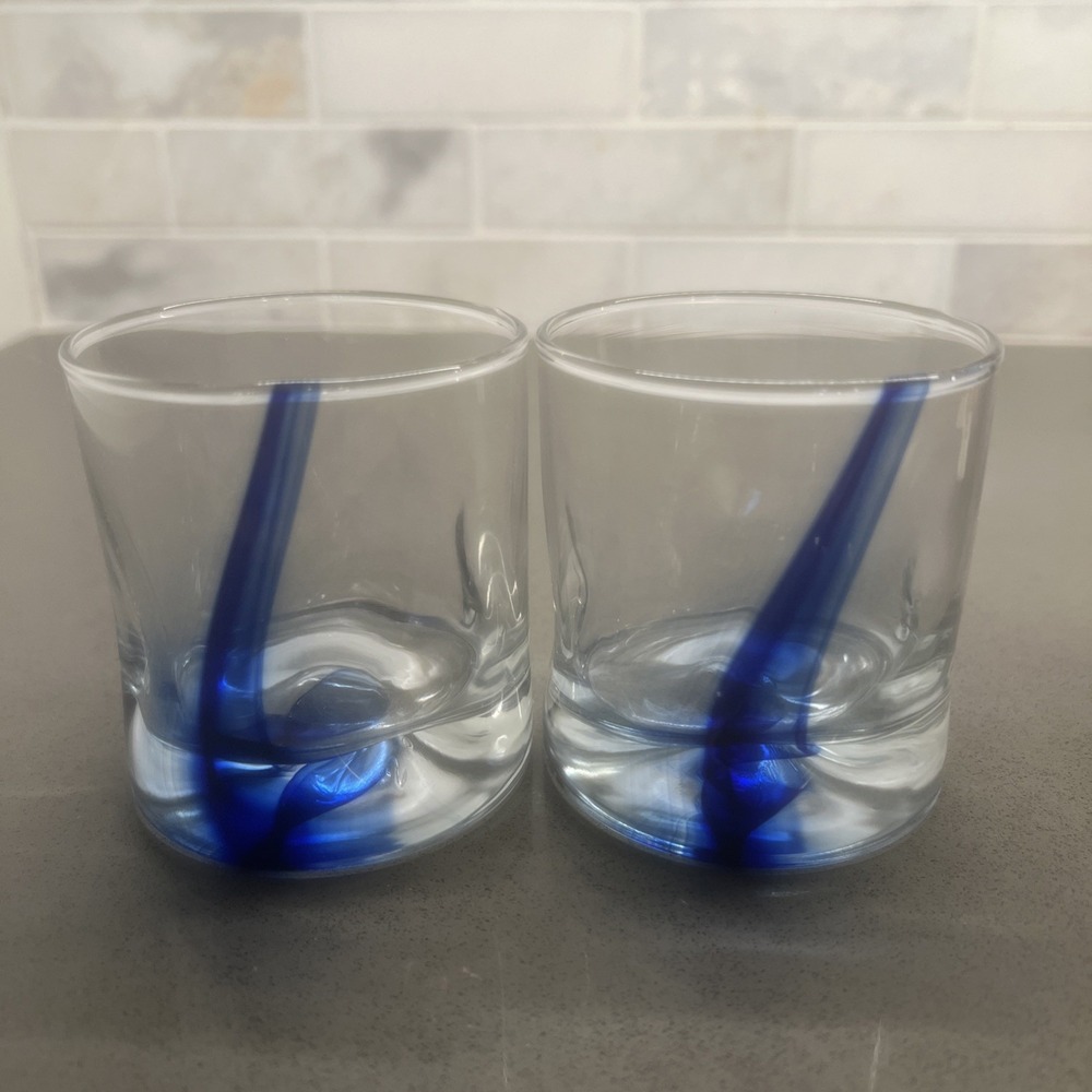 2 Libbey Blue Ribbon "Rocks Glass" With Dimpled Sides